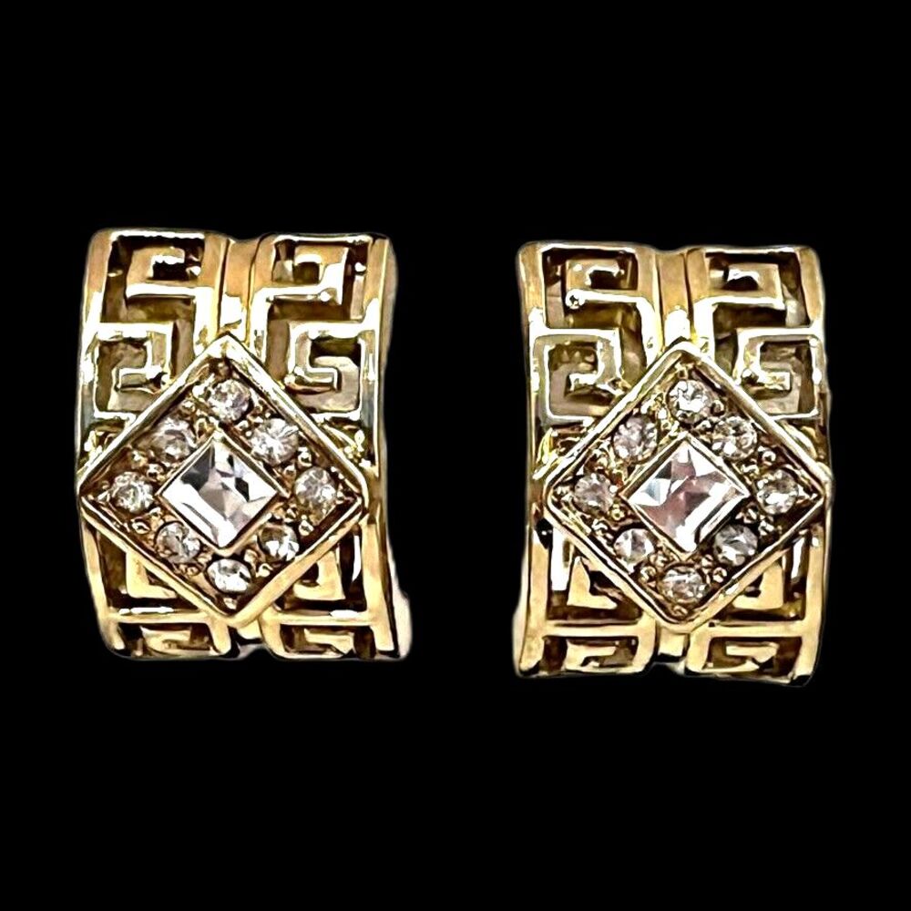 Vintage 1980s Gold Tone Earrings Gold Tone Greek Key Crystal Clip On NOS - 3F